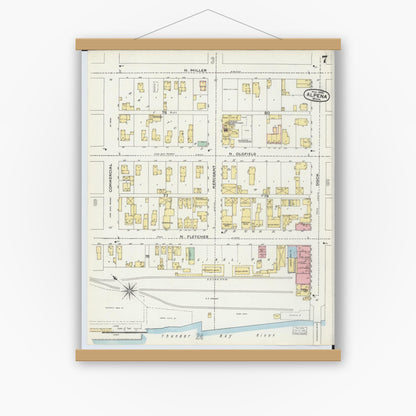 Old map wall art mockup — magnetic wood frame on white wall — Sanborn Fire Insurance Map from Alpena, Alpena County, Michigan (1895), Sheet #0007