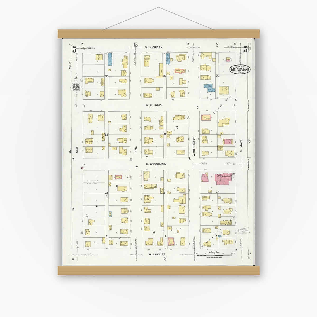 Old map wall art mockup — magnetic wood frame on white wall — Sanborn Fire Insurance Map from Mount Pleasant, Isabella County, Michigan (1924), Sheet #0005
