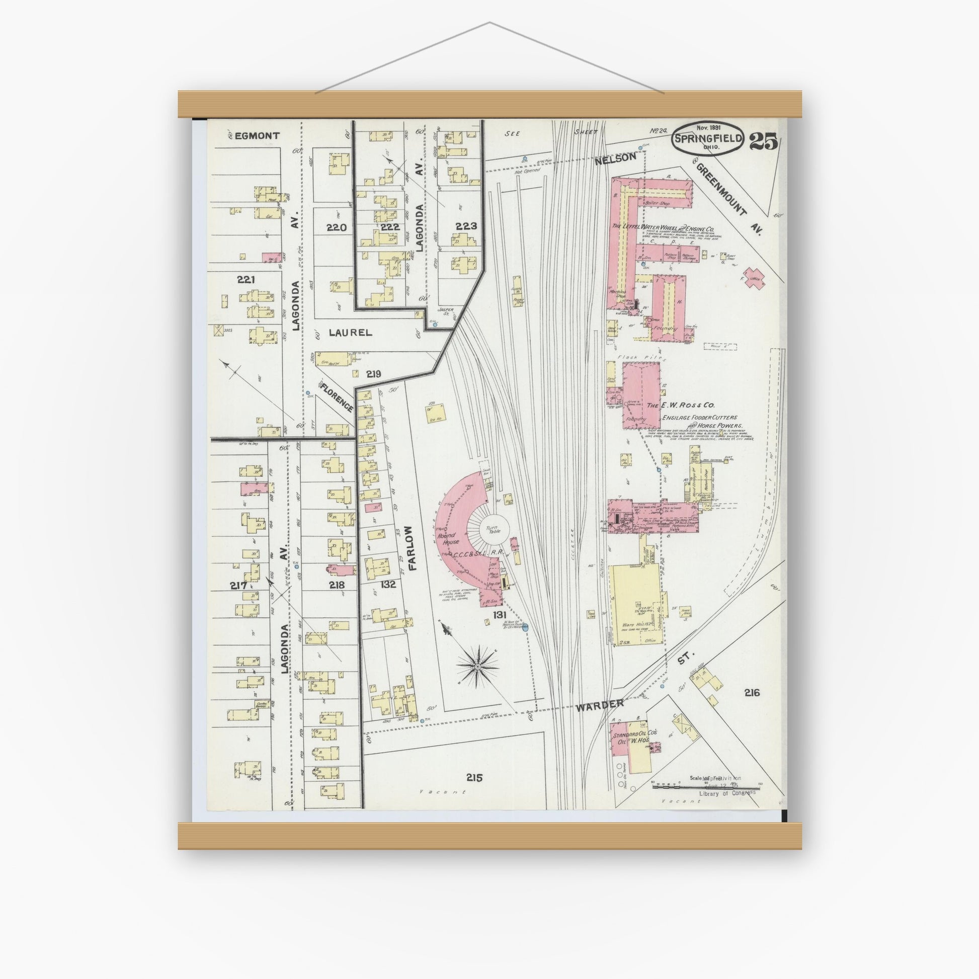 Old map wall art mockup — magnetic wood frame on white wall — Sanborn Fire Insurance Map from Springfield, Clark County, Ohio (1891), Sheet #0025
