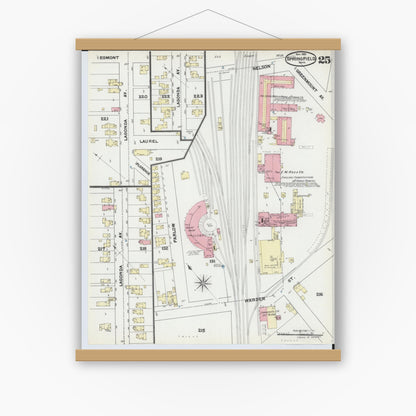 Old map wall art mockup — magnetic wood frame on white wall — Sanborn Fire Insurance Map from Springfield, Clark County, Ohio (1891), Sheet #0025