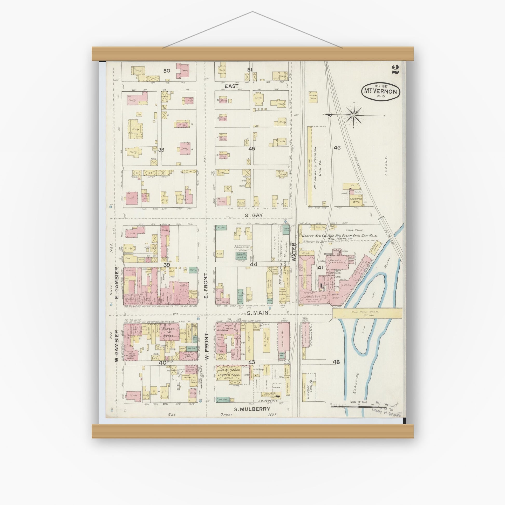Old map wall art mockup — magnetic wood frame on white wall — Sanborn Fire Insurance Map from Mount Vernon, Knox County, Ohio (1887), Sheet #0002
