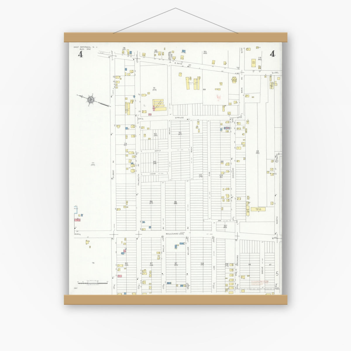 Old map wall art mockup — magnetic wood frame on white wall — Sanborn Fire Insurance Map from East Paterson, Bergen County, New Jersey (1932), Sheet #0004