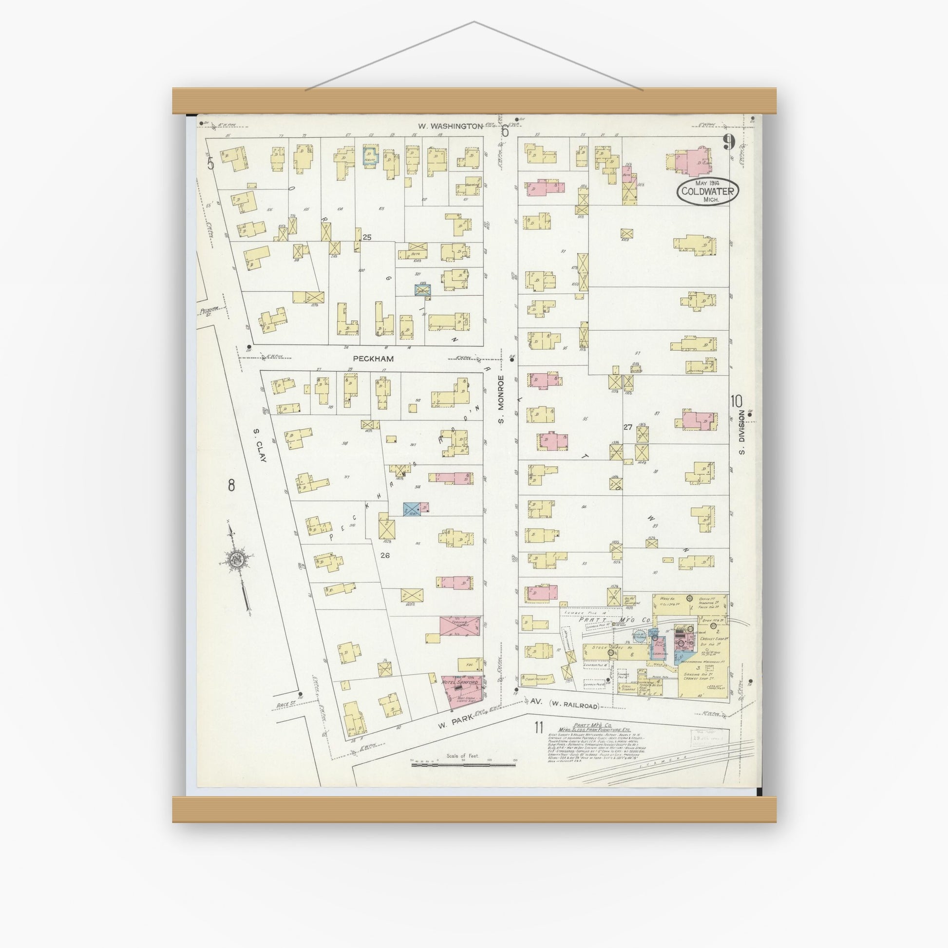 Old map wall art mockup — magnetic wood frame on white wall — Sanborn Fire Insurance Map from Coldwater, Branch County, Michigan (1914), Sheet #0009