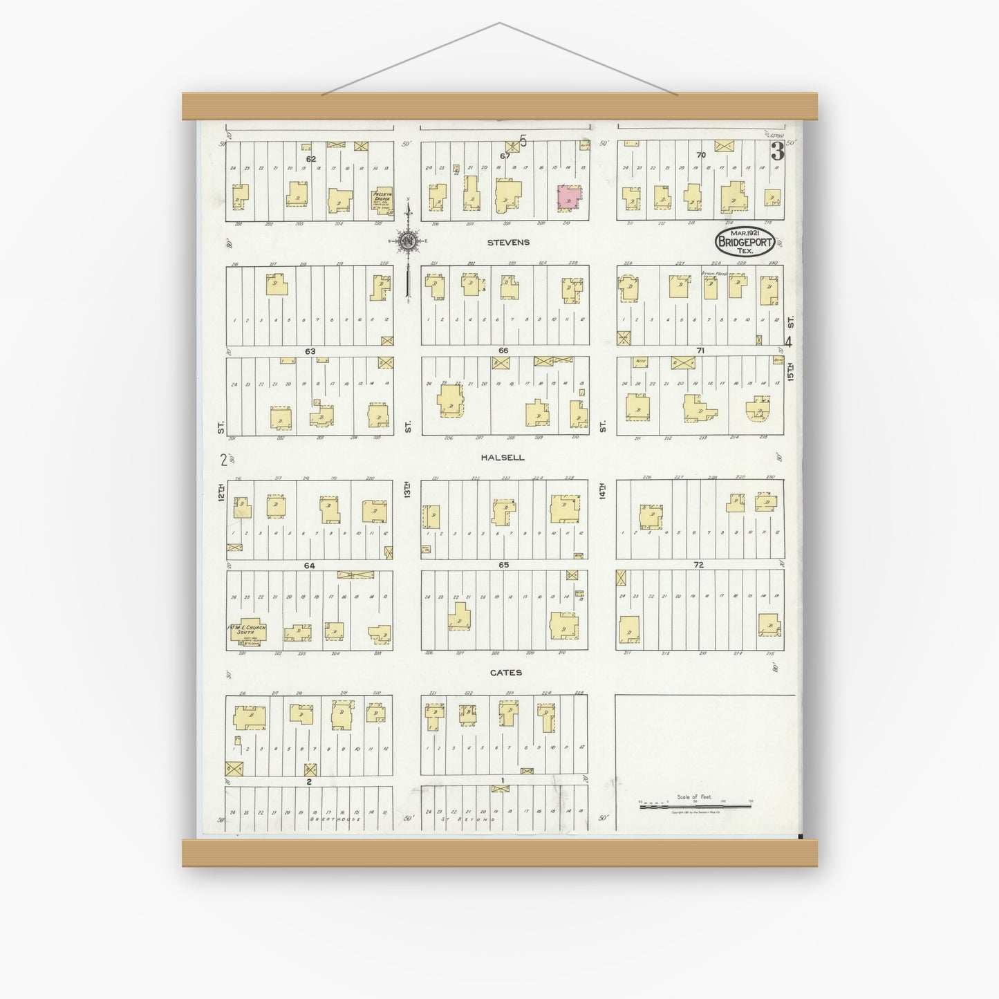 Old map wall art mockup — magnetic wood frame on white wall — Sanborn Fire Insurance Map from Bridgeport, Wise County, Texas (1921), Sheet #0003