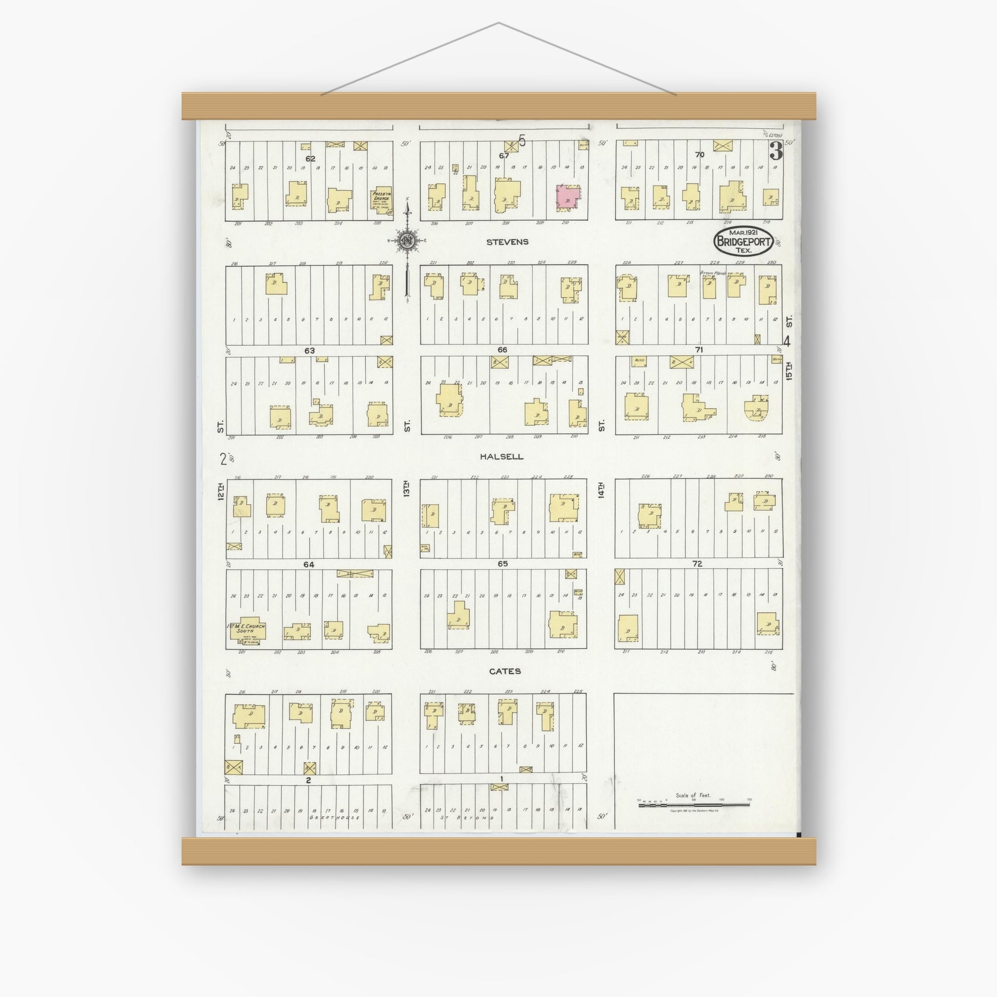 Old map wall art mockup — magnetic wood frame on white wall — Sanborn Fire Insurance Map from Bridgeport, Wise County, Texas (1921), Sheet #0003