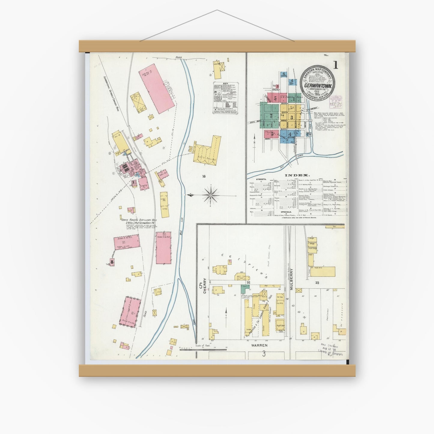 Old map wall art mockup — magnetic wood frame on white wall — Sanborn Fire Insurance Map from Germantown, Montgomery County, Ohio (1905), Sheet #0001