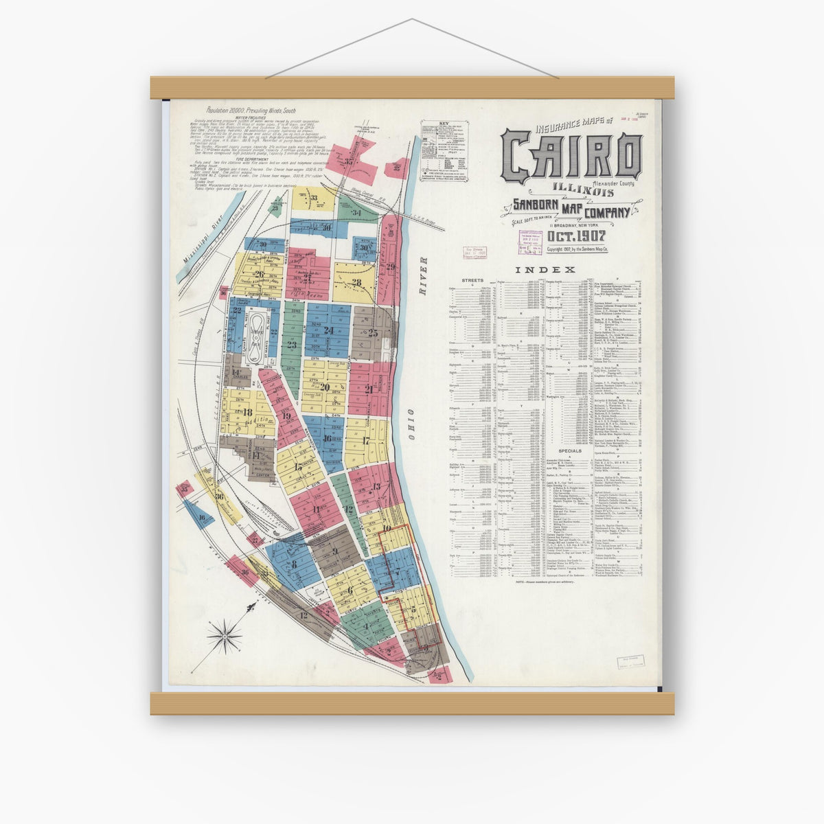 Old map wall art mockup — magnetic wood frame on white wall — Sanborn Fire Insurance Map from Cairo, Alexander County, Illinois (1907) - Complete Map Set