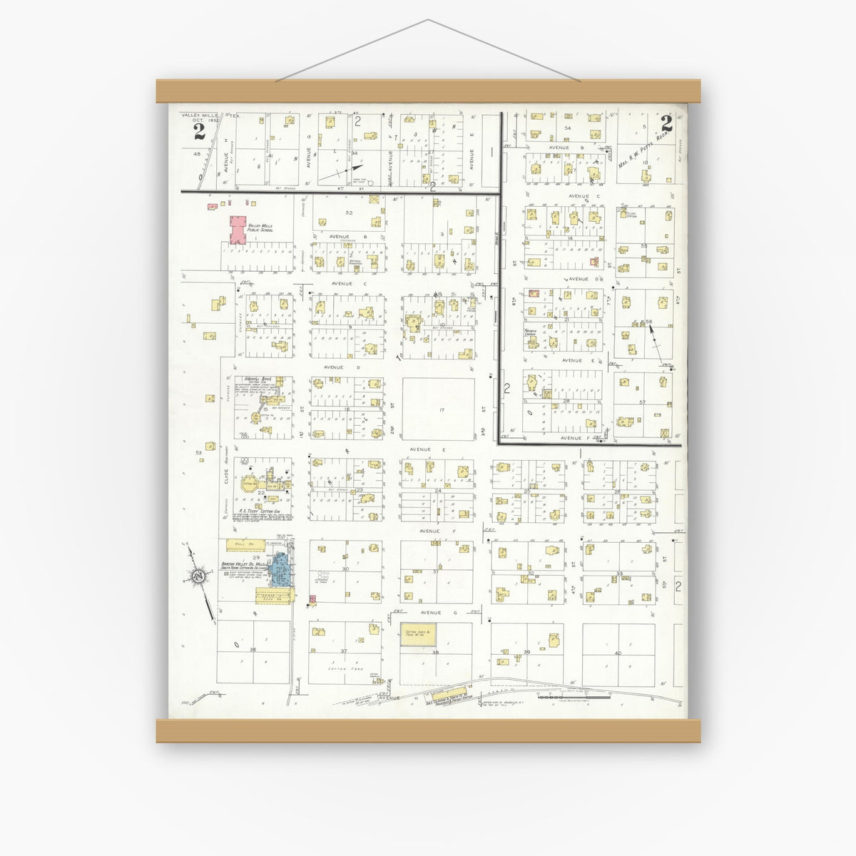 Old map wall art mockup — magnetic wood frame on white wall — Sanborn Fire Insurance Map from Valley Mills, Bosque County, Texas (1932), Sheet #0002