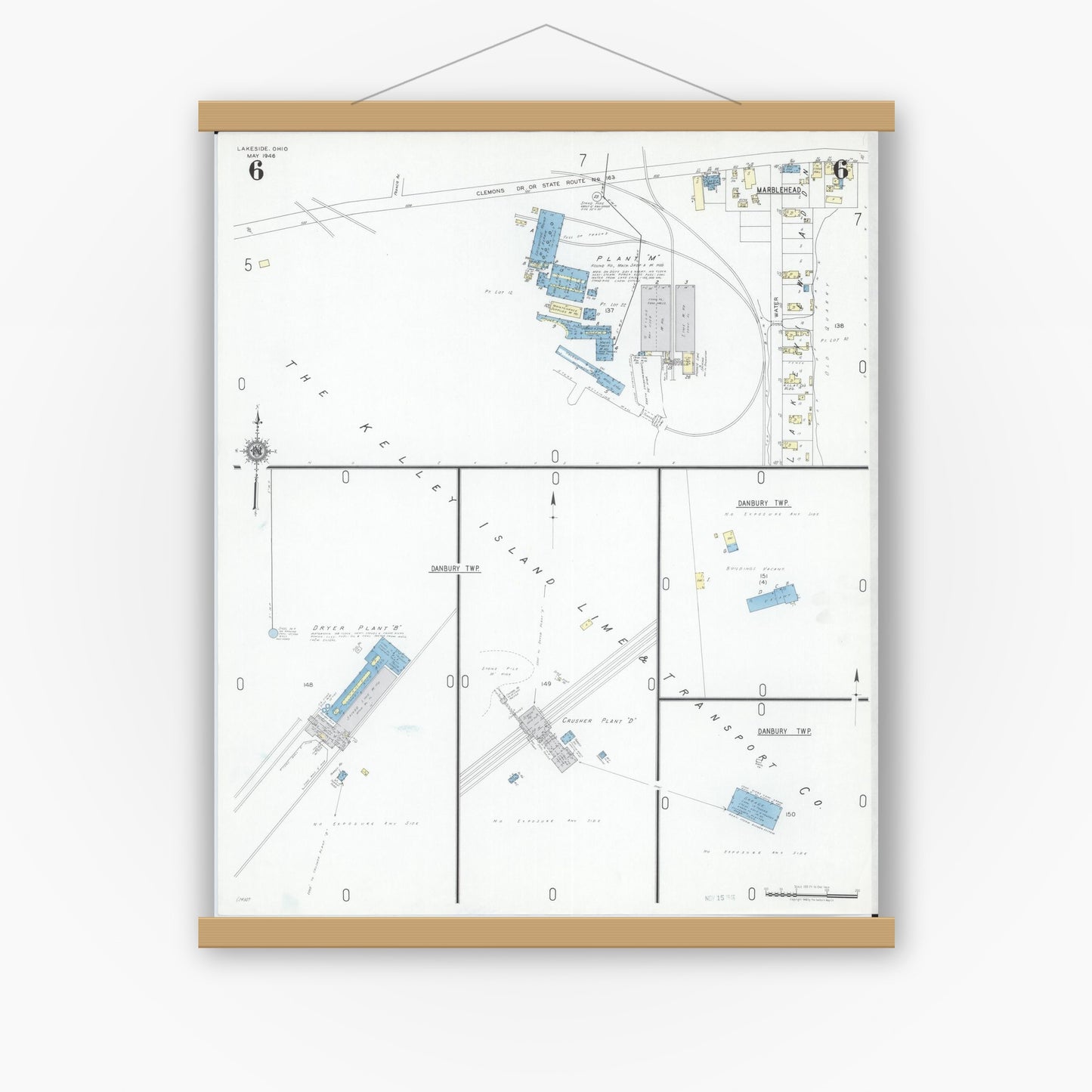Old map wall art mockup — magnetic wood frame on white wall — Sanborn Fire Insurance Map from Lakeside, Ottawa County, Ohio (1946), Sheet #0006