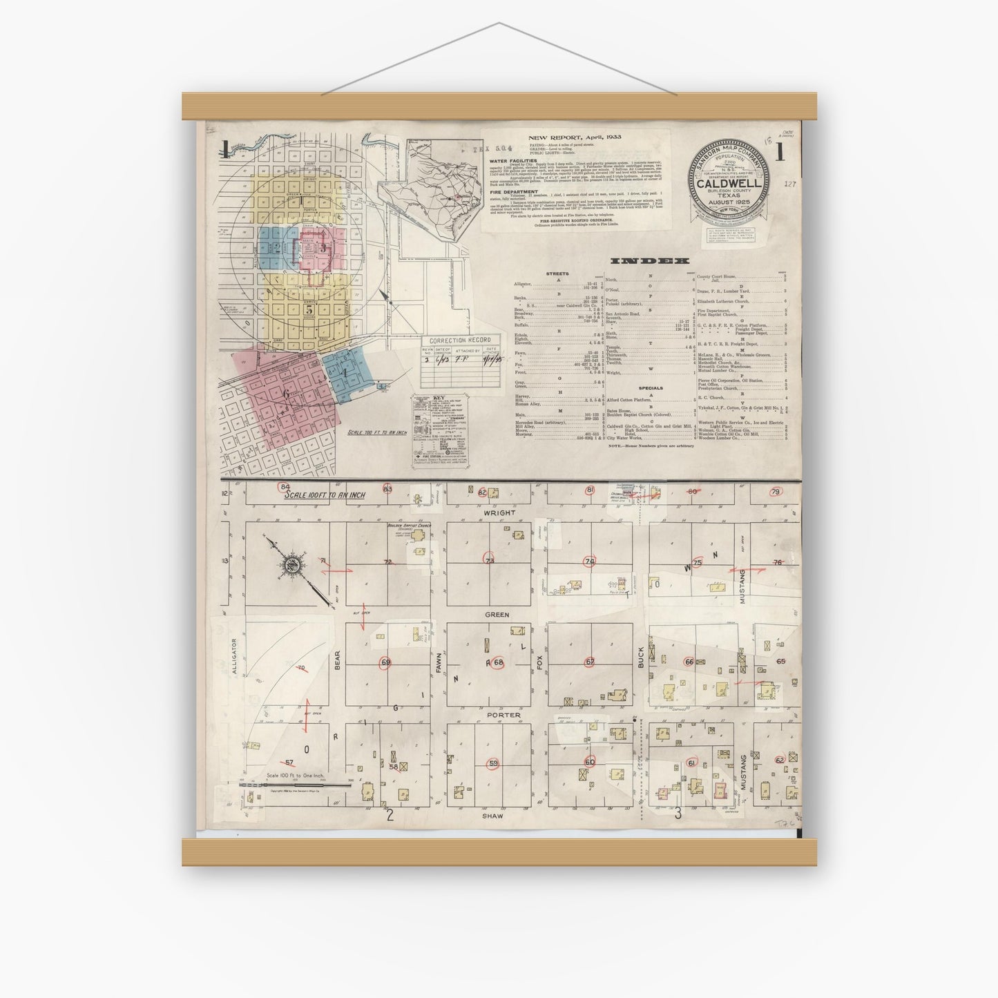 Old map wall art mockup — magnetic wood frame on white wall — Sanborn Fire Insurance Map from Caldwell, Burleson County, Texas (1943), Sheet #0001