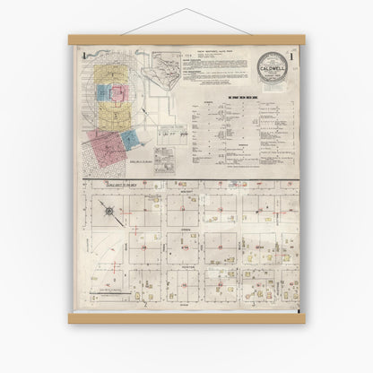 Old map wall art mockup — magnetic wood frame on white wall — Sanborn Fire Insurance Map from Caldwell, Burleson County, Texas (1943), Sheet #0001