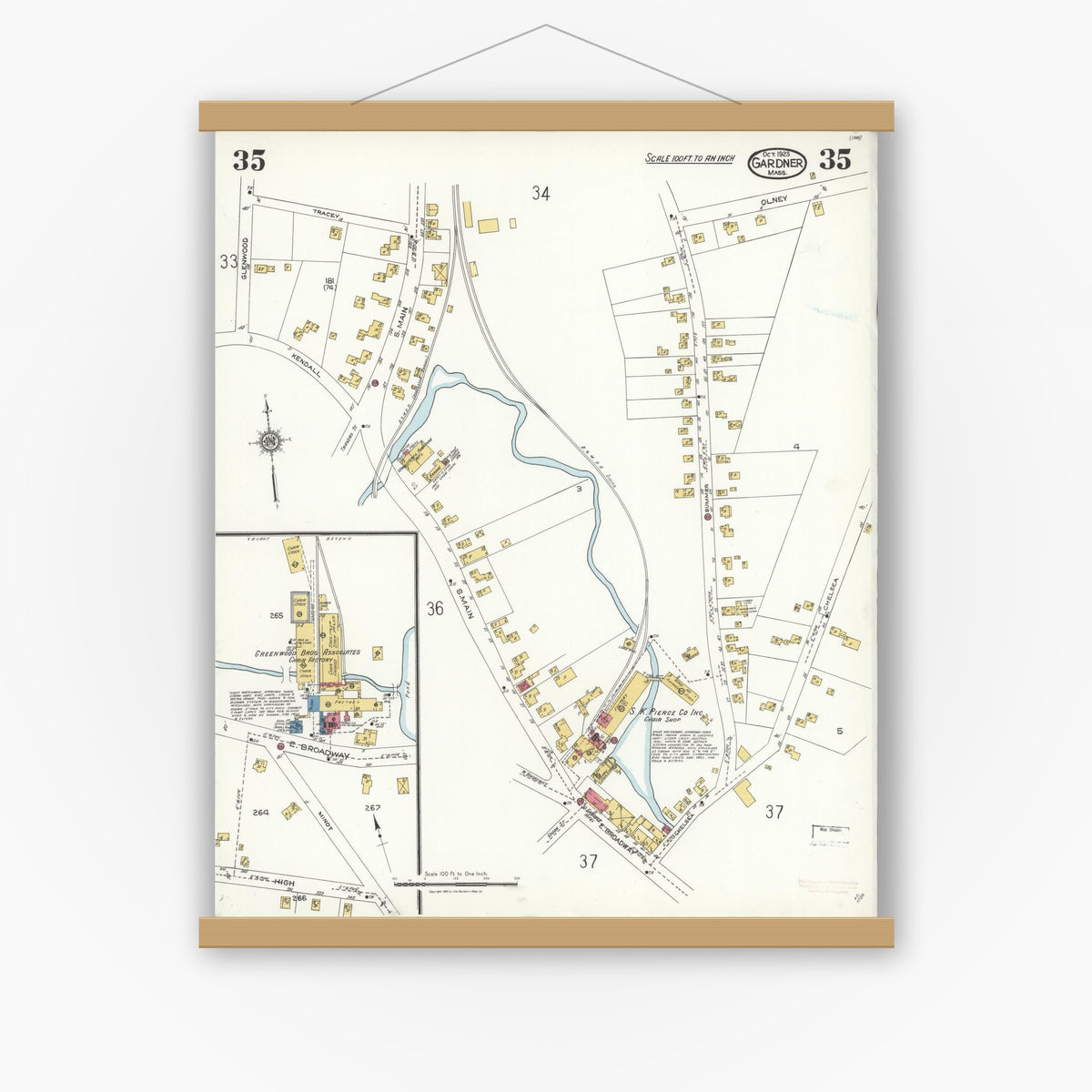 Old map wall art mockup — magnetic wood frame on white wall — Sanborn Fire Insurance Map from Gardner, Worcester County, Massachusetts (1923), Sheet #0035