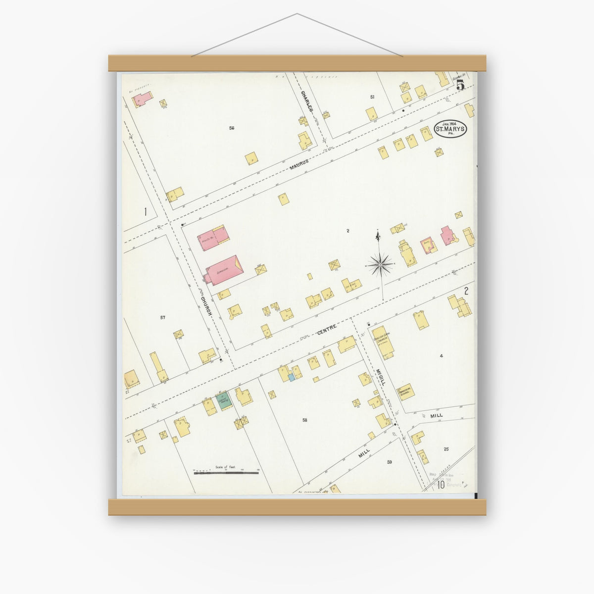 Old map wall art mockup — magnetic wood frame on white wall — Sanborn Fire Insurance Map from Saint Marys, Elk County, Pennsylvania (1904), Sheet #0005