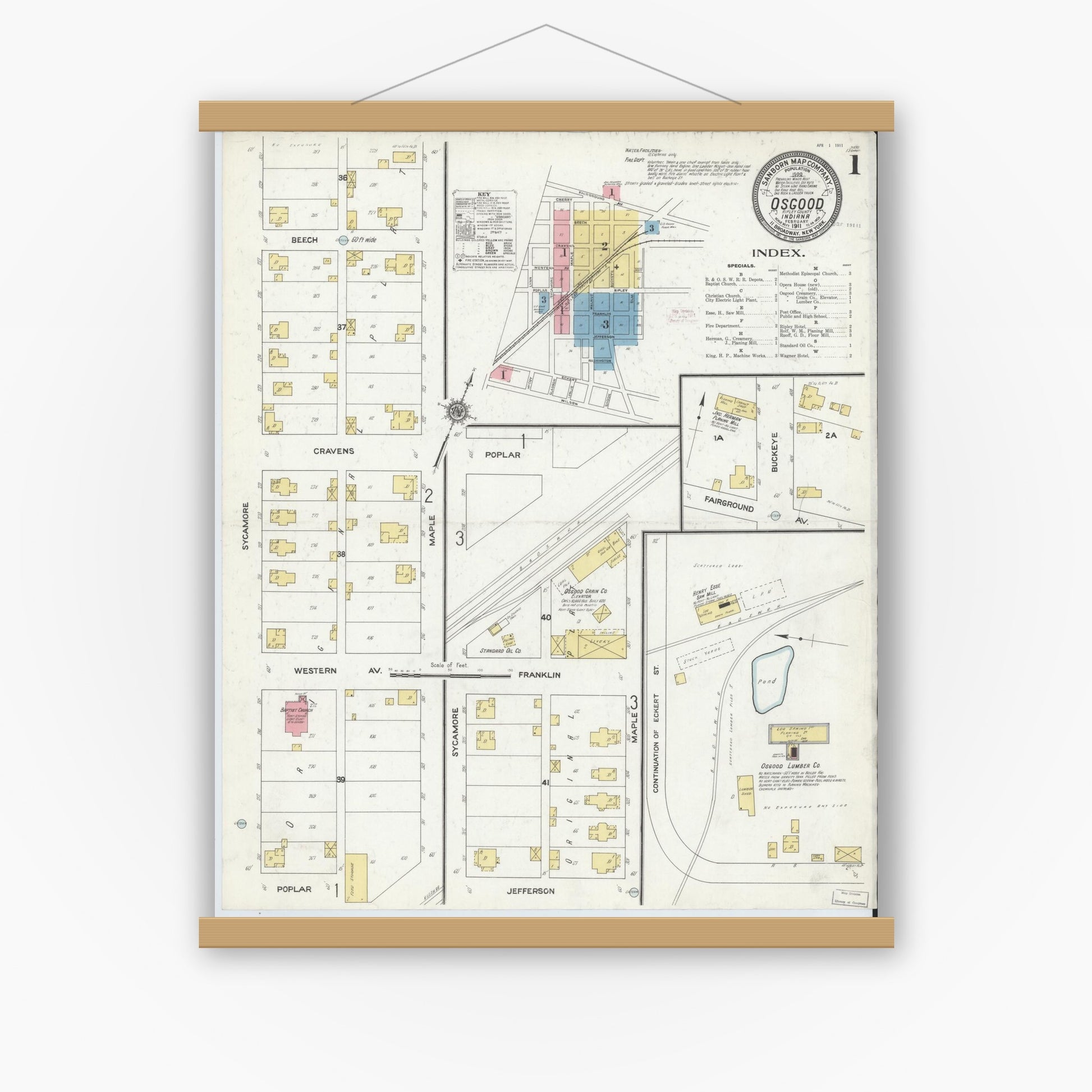 Old map wall art mockup — magnetic wood frame on white wall — Sanborn Fire Insurance Map from Osgood, Ripley County, Indiana (1911) - Complete Map Set