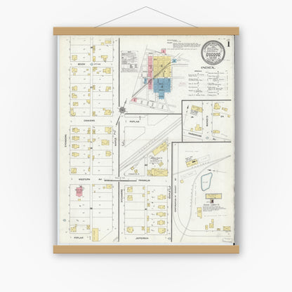 Old map wall art mockup — magnetic wood frame on white wall — Sanborn Fire Insurance Map from Osgood, Ripley County, Indiana (1911) - Complete Map Set