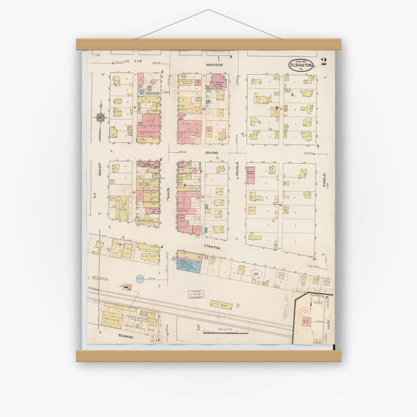 Old map wall art mockup — magnetic wood frame on white wall — Sanborn Fire Insurance Map from Scranton, Greene County, Iowa (1932), Sheet #0002