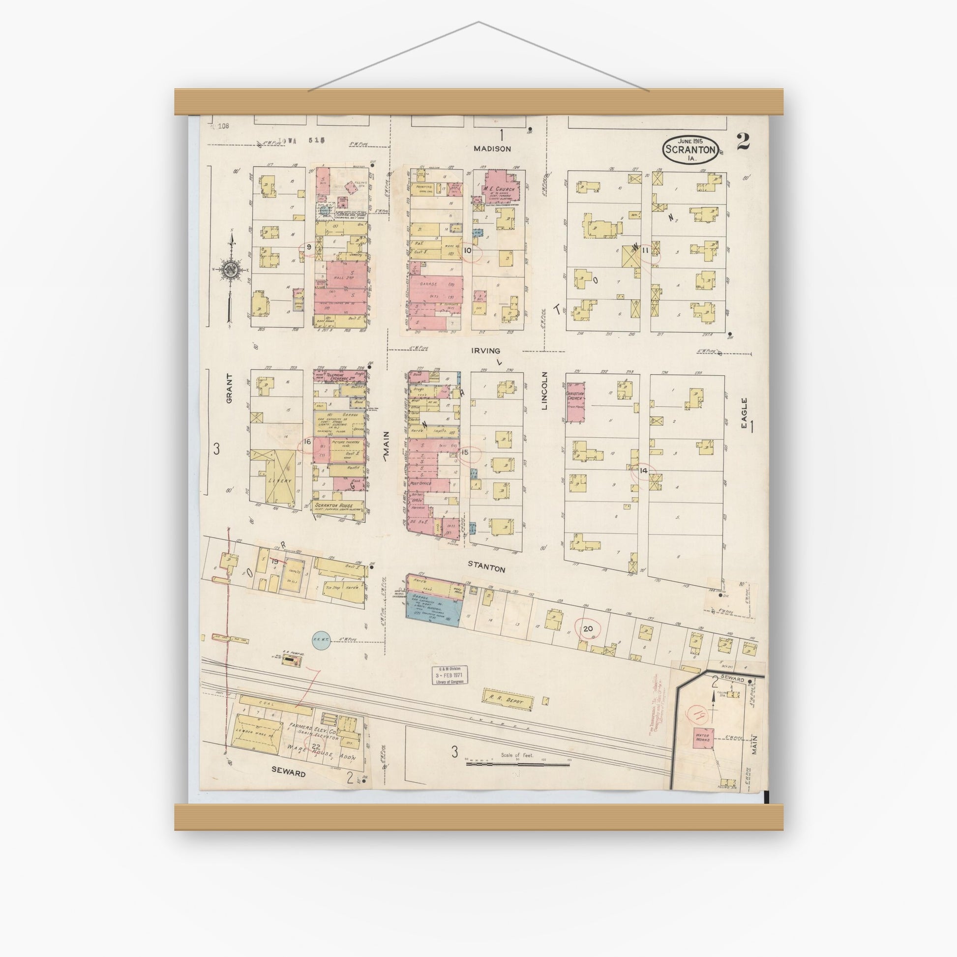 Old map wall art mockup — magnetic wood frame on white wall — Sanborn Fire Insurance Map from Scranton, Greene County, Iowa (1932), Sheet #0002