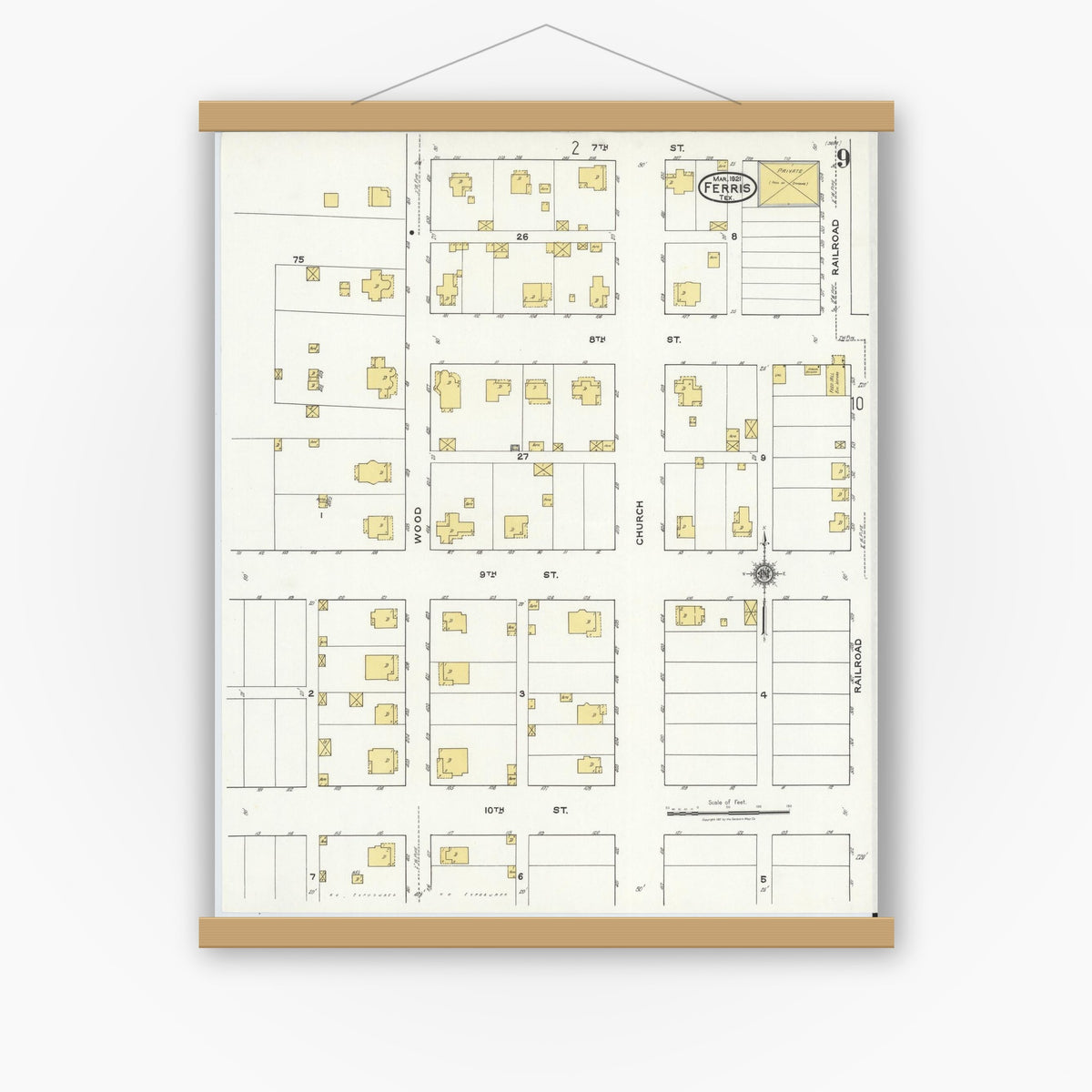 Old map wall art mockup — magnetic wood frame on white wall — Sanborn Fire Insurance Map from Ferris, Ellis County, Texas (1921), Sheet #0009