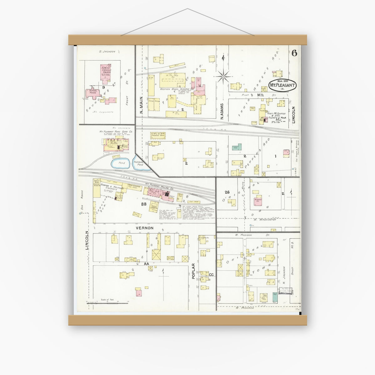 Old map wall art mockup — magnetic wood frame on white wall — Sanborn Fire Insurance Map from Mount Pleasant, Henry County, Iowa (1892), Sheet #0006