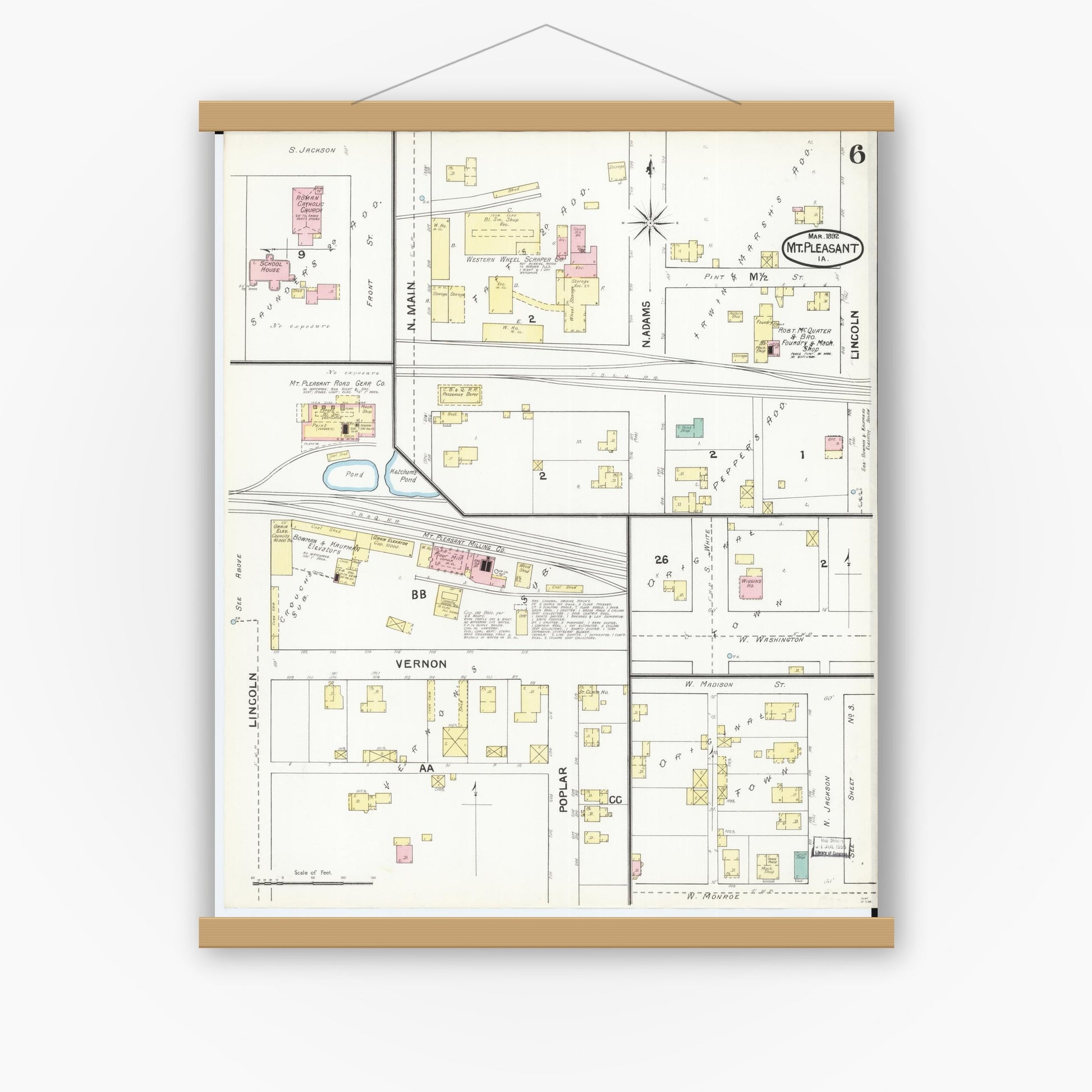 Old map wall art mockup — magnetic wood frame on white wall — Sanborn Fire Insurance Map from Mount Pleasant, Henry County, Iowa (1892), Sheet #0006