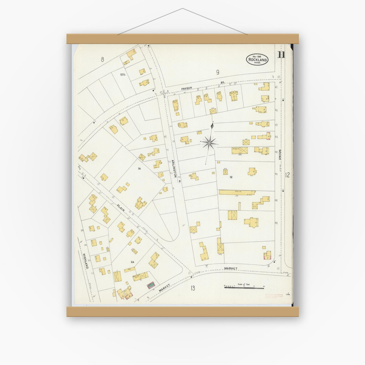 Old map wall art mockup — magnetic wood frame on white wall — Sanborn Fire Insurance Map from Rockland, Plymouth County, Massachusetts (1906), Sheet #0011