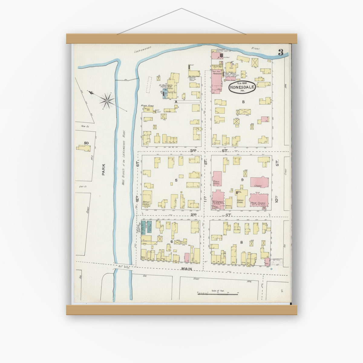 Old map wall art mockup — magnetic wood frame on white wall — Sanborn Fire Insurance Map from Honesdale, Wayne County, Pennsylvania (1892), Sheet #0003