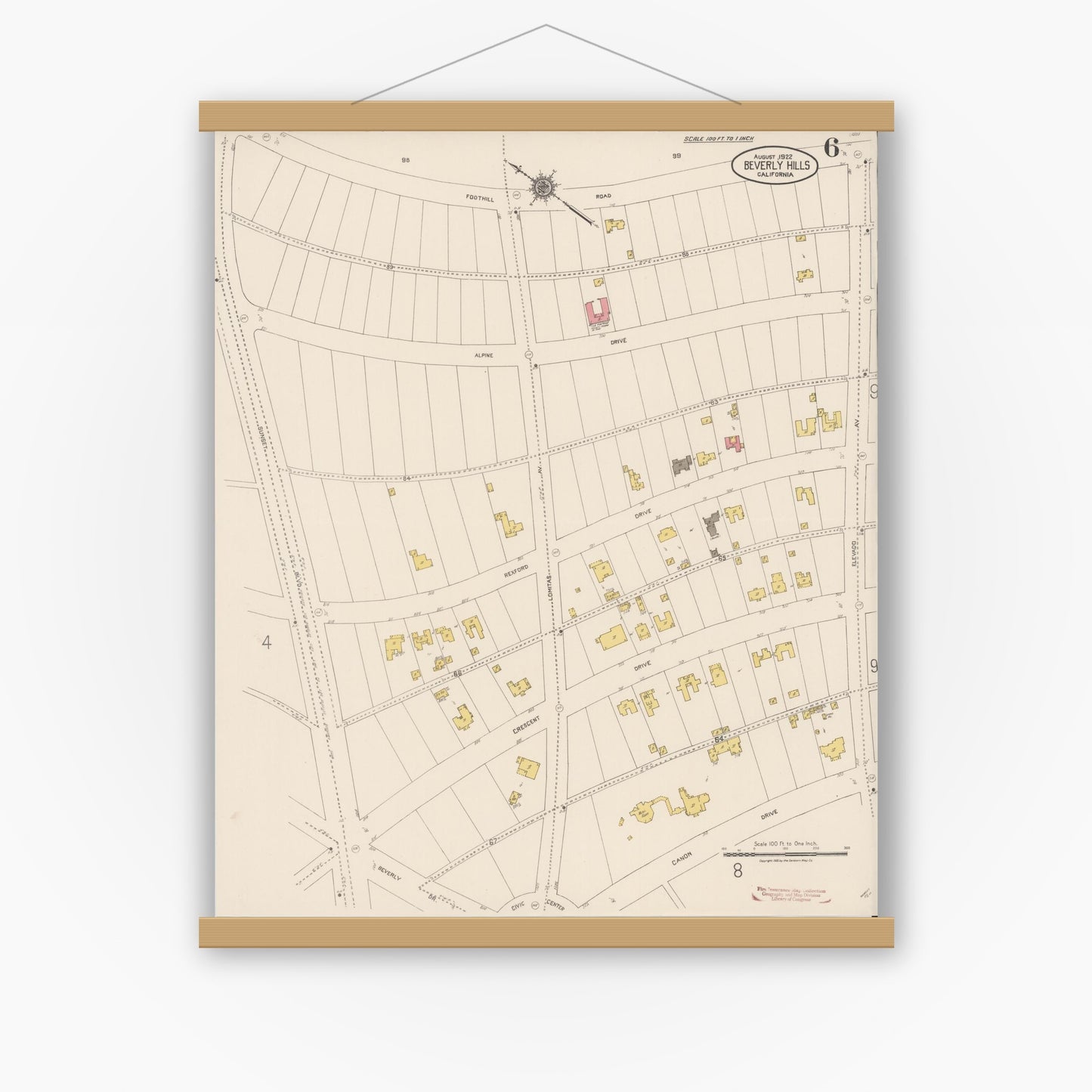 Old map wall art mockup — magnetic wood frame on white wall — Sanborn Fire Insurance Map from Beverly Hills, Los Angeles County, California (1922), Sheet #0006