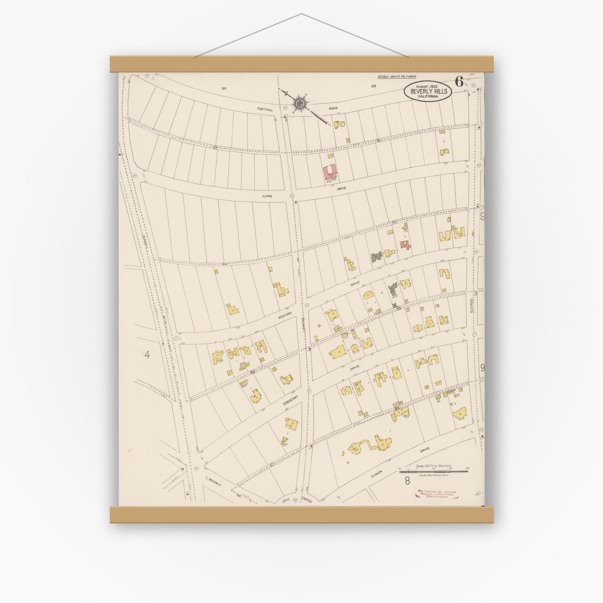 Old map wall art mockup — magnetic wood frame on white wall — Sanborn Fire Insurance Map from Beverly Hills, Los Angeles County, California (1922), Sheet #0006