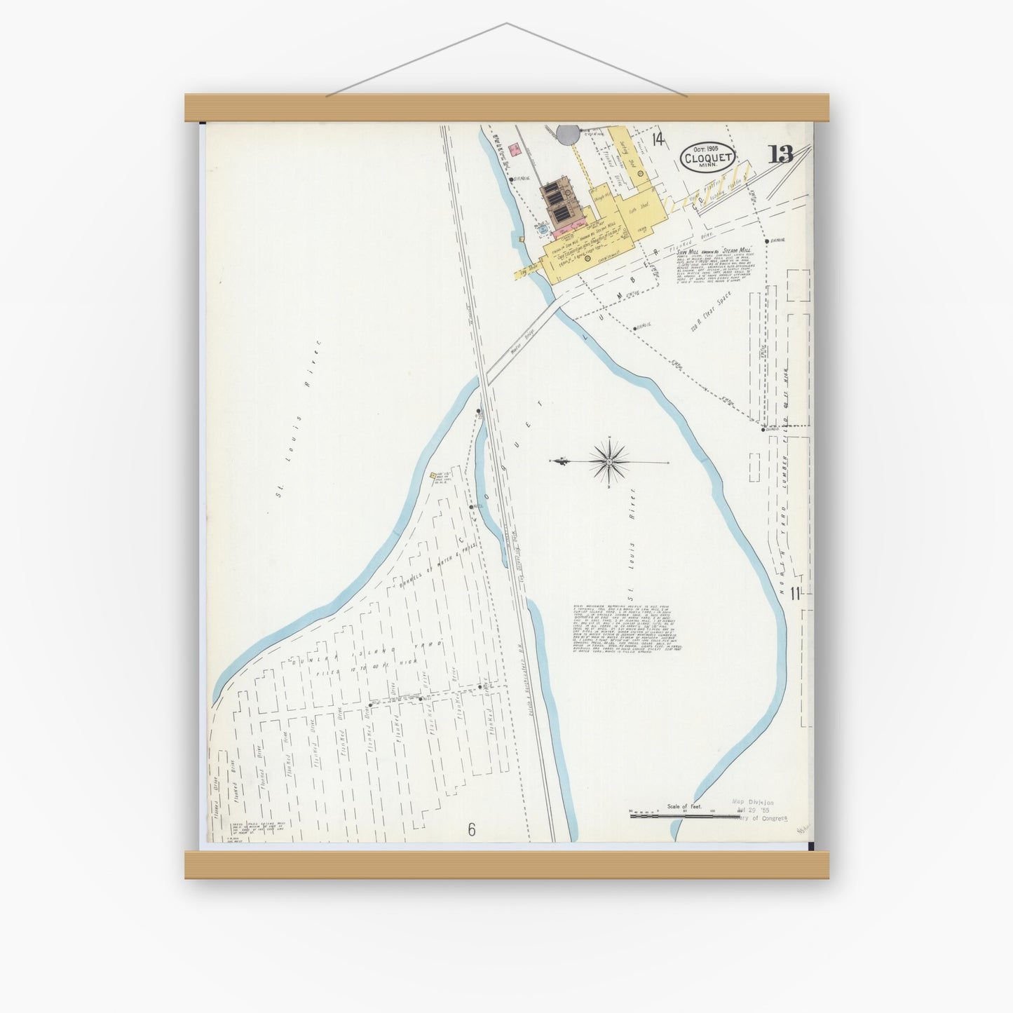 Old map wall art mockup — magnetic wood frame on white wall — Sanborn Fire Insurance Map from Cloquet, Carlton County, Minnesota (1905), Sheet #0013