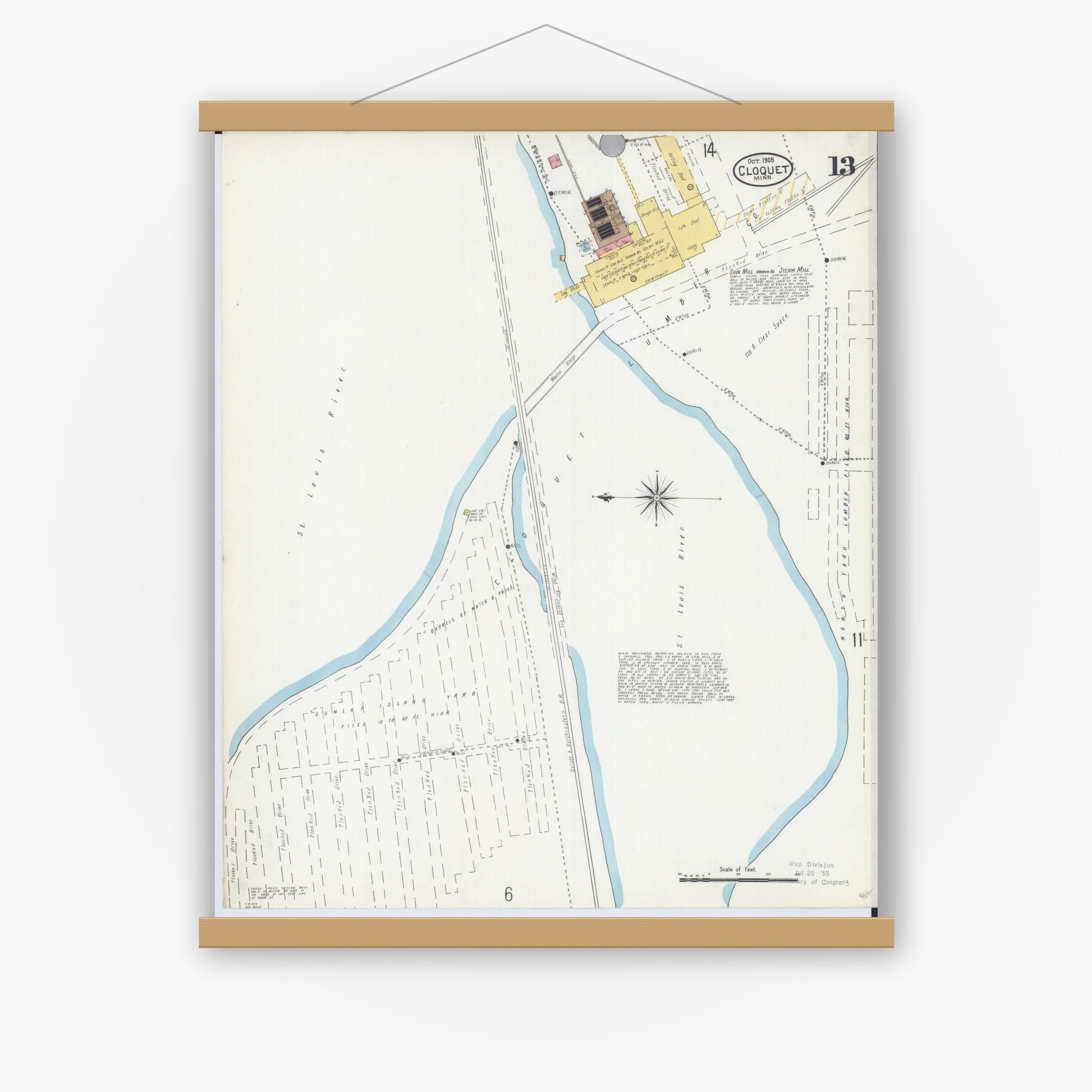Old map wall art mockup — magnetic wood frame on white wall — Sanborn Fire Insurance Map from Cloquet, Carlton County, Minnesota (1905), Sheet #0013