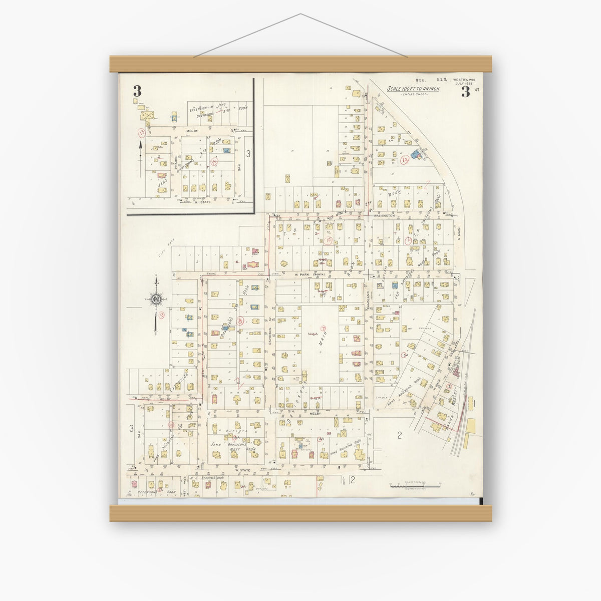Old map wall art mockup — magnetic wood frame on white wall — Sanborn Fire Insurance Map from Westby, Vernon County, Wisconsin (1940), Sheet #0003