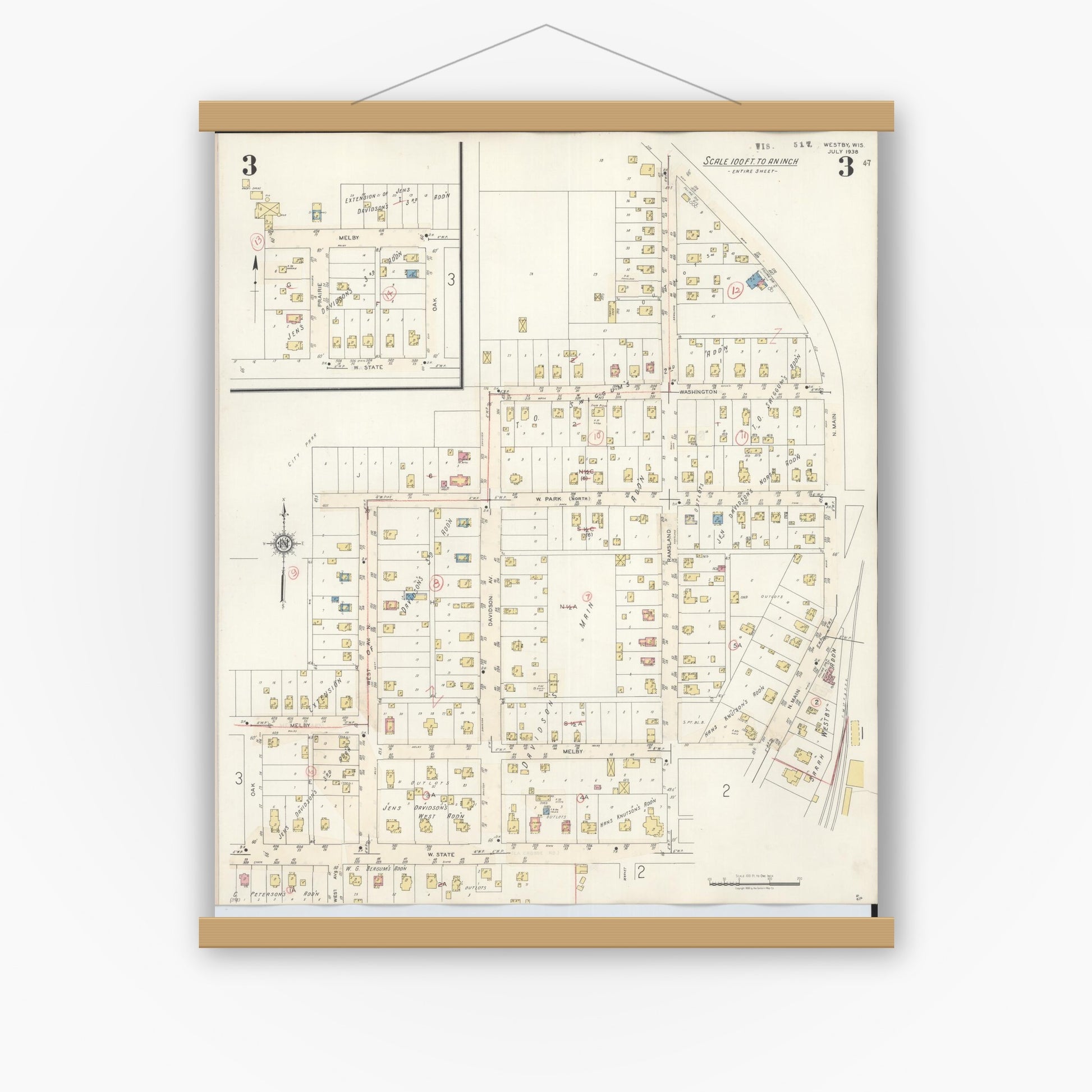 Old map wall art mockup — magnetic wood frame on white wall — Sanborn Fire Insurance Map from Westby, Vernon County, Wisconsin (1940), Sheet #0003