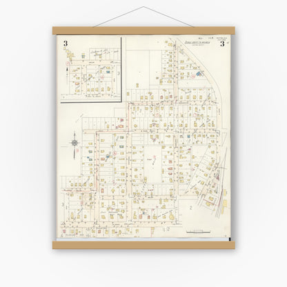 Old map wall art mockup — magnetic wood frame on white wall — Sanborn Fire Insurance Map from Westby, Vernon County, Wisconsin (1940), Sheet #0003