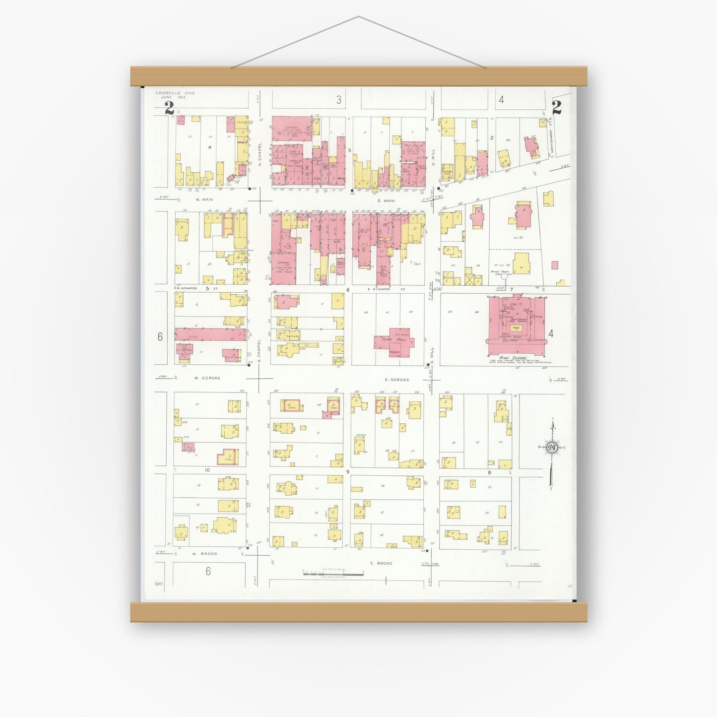 Old map wall art mockup — magnetic wood frame on white wall — Sanborn Fire Insurance Map from Louisville, Stark County, Ohio (1933), Sheet #0002