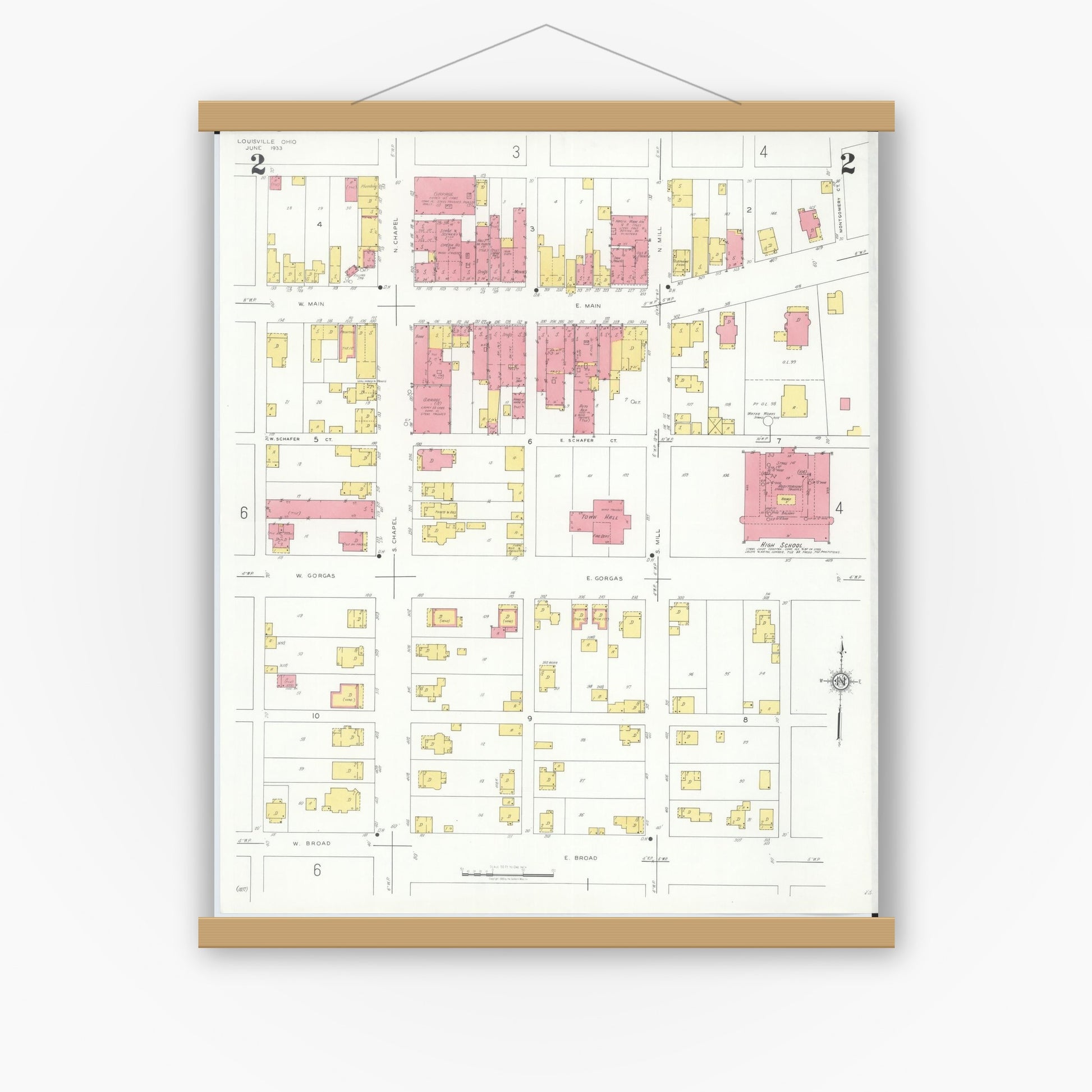 Old map wall art mockup — magnetic wood frame on white wall — Sanborn Fire Insurance Map from Louisville, Stark County, Ohio (1933), Sheet #0002