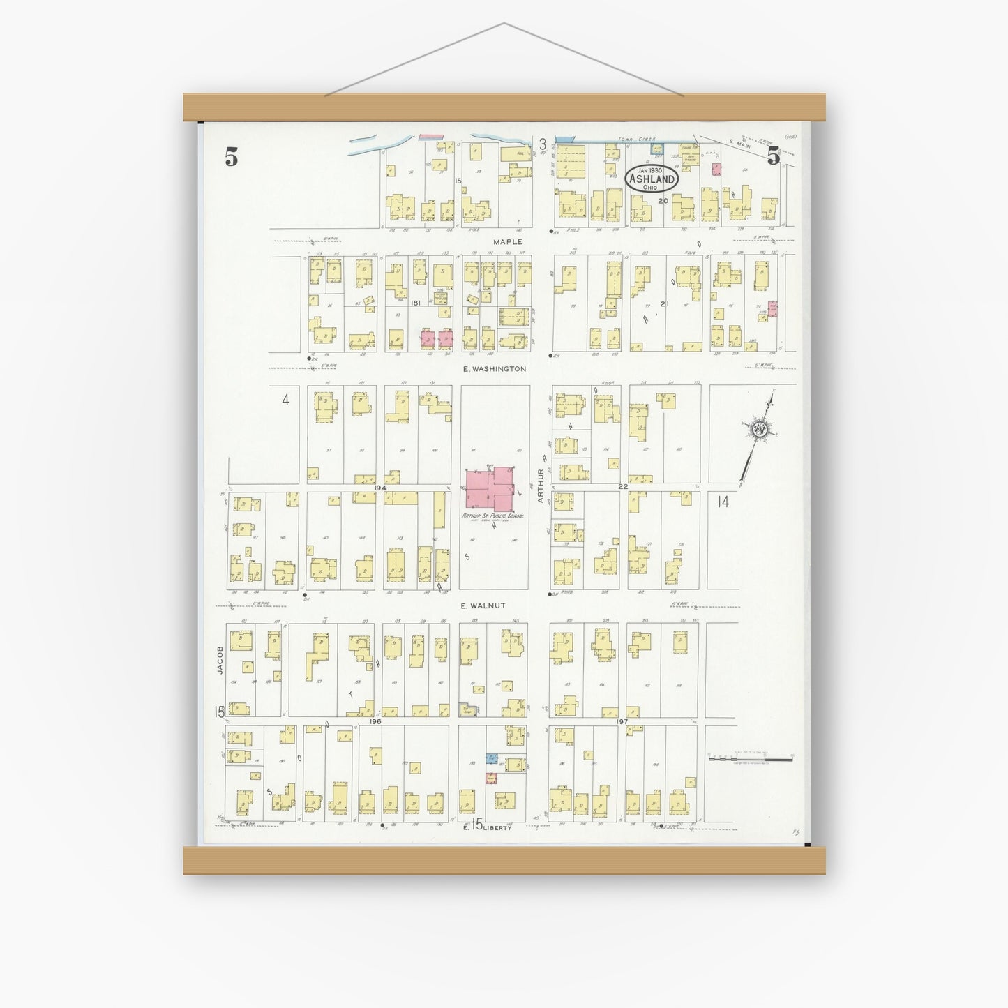 Old map wall art mockup — magnetic wood frame on white wall — Sanborn Fire Insurance Map from Ashland, Ashland County, Ohio (1930), Sheet #0005