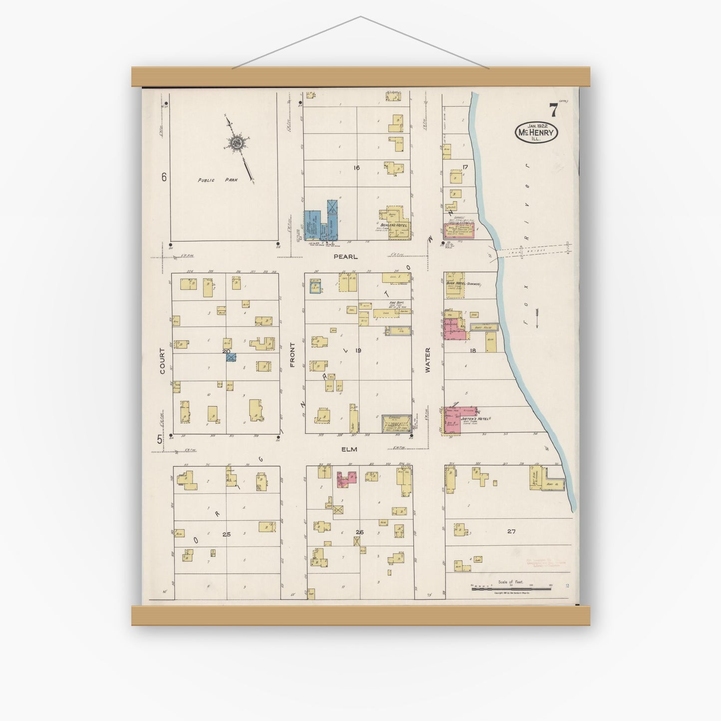 Old map wall art mockup — magnetic wood frame on white wall — Sanborn Fire Insurance Map from McHenry, McHenry County, Illinois (1922), Sheet #0007