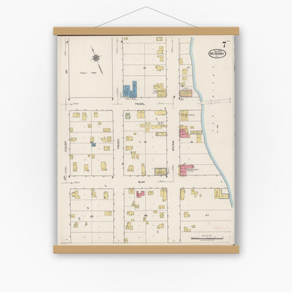 Old map wall art mockup — magnetic wood frame on white wall — Sanborn Fire Insurance Map from McHenry, McHenry County, Illinois (1922), Sheet #0007