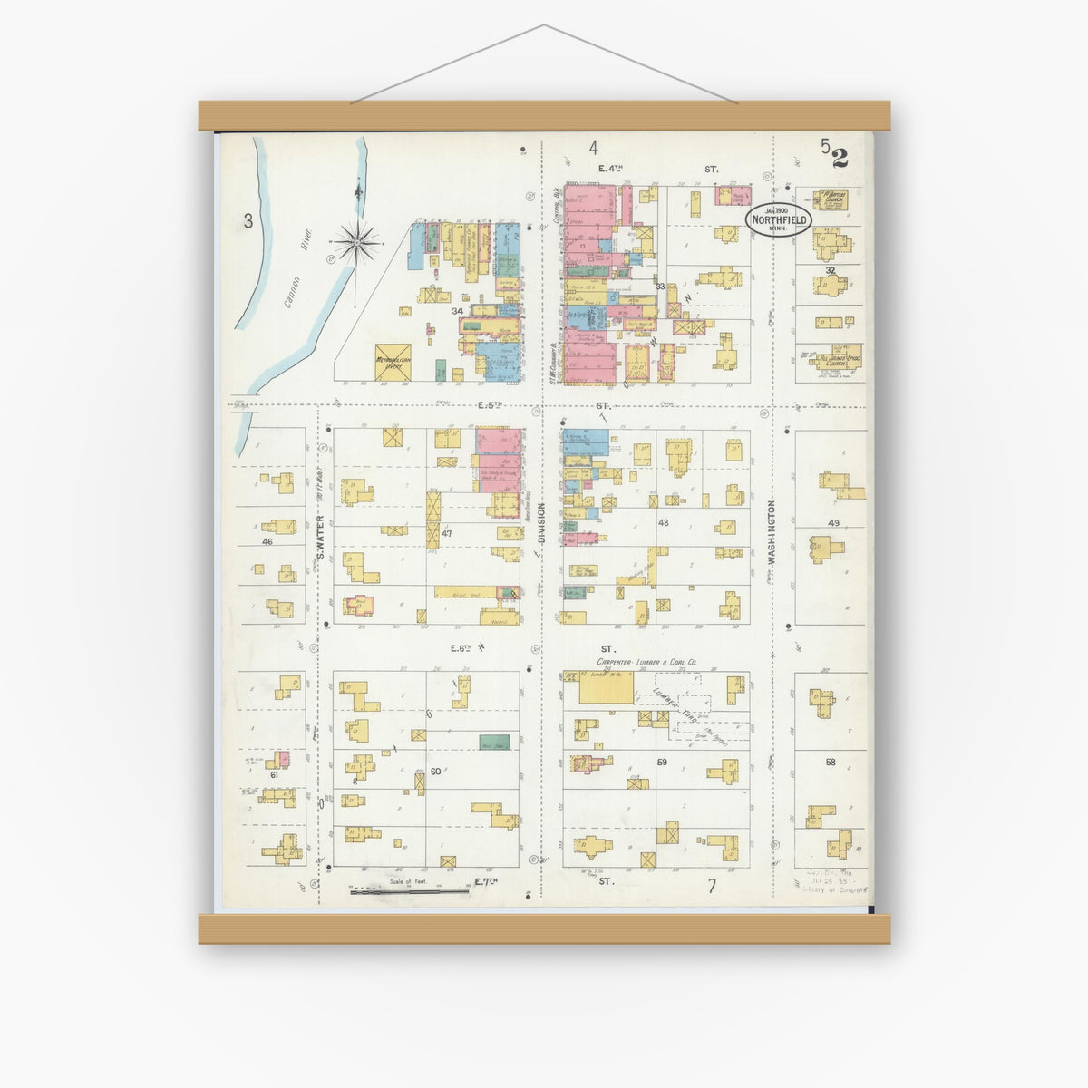 Old map wall art mockup — magnetic wood frame on white wall — Sanborn Fire Insurance Map from Northfield, Rice County, Minnesota (1900), Sheet #0002