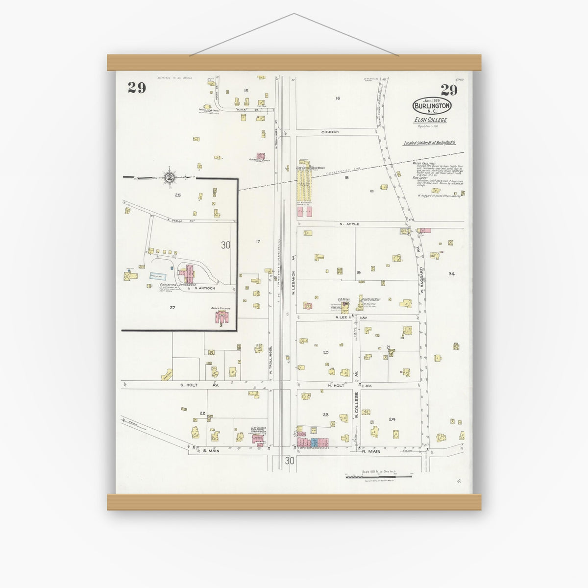 Old map wall art mockup — magnetic wood frame on white wall — Sanborn Fire Insurance Map from Burlington, Alamance County, North Carolina (1929), Sheet #0029