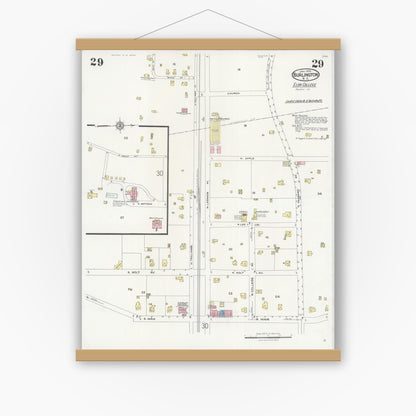 Old map wall art mockup — magnetic wood frame on white wall — Sanborn Fire Insurance Map from Burlington, Alamance County, North Carolina (1929), Sheet #0029