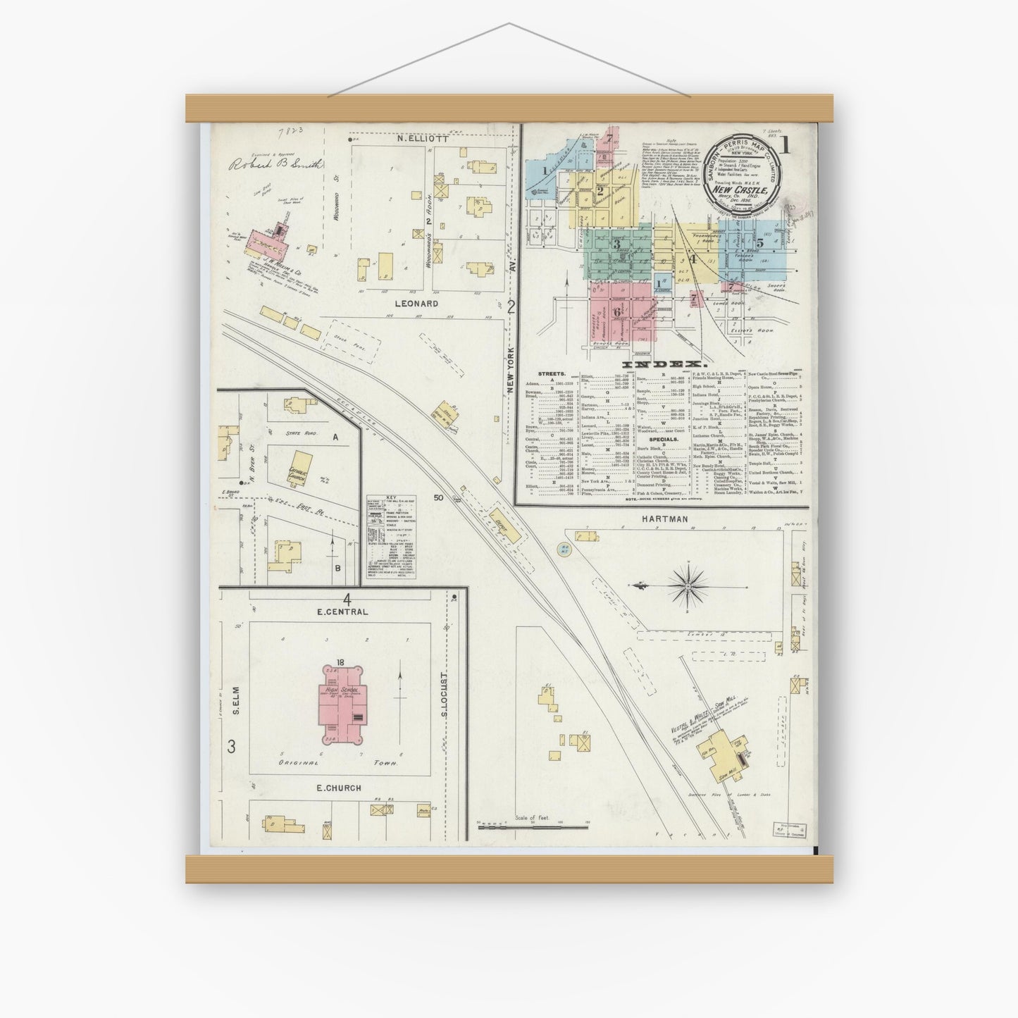 Old map wall art mockup — magnetic wood frame on white wall — Sanborn Fire Insurance Map from New Castle, Henry County, Indiana (1896) - Complete Map Set