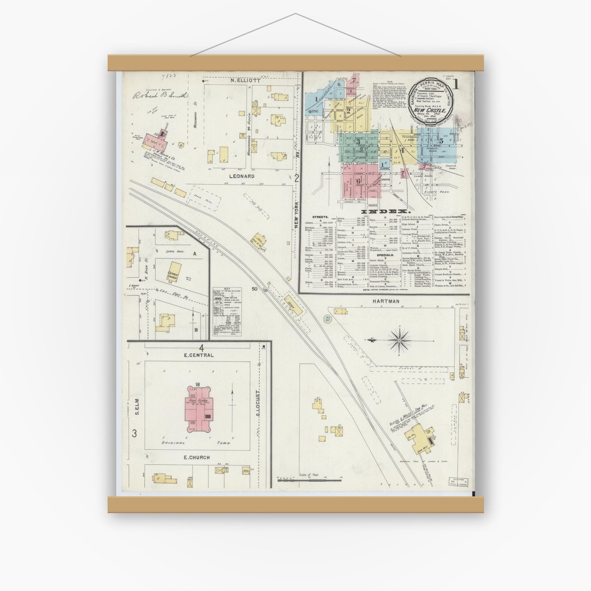 Old map wall art mockup — magnetic wood frame on white wall — Sanborn Fire Insurance Map from New Castle, Henry County, Indiana (1896) - Complete Map Set