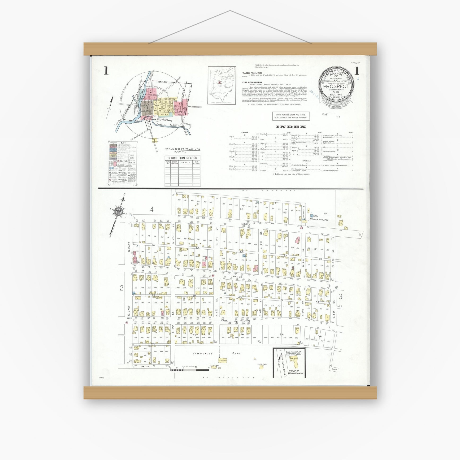 Old map wall art mockup — magnetic wood frame on white wall — Sanborn Fire Insurance Map from Prospect, Marion County, Ohio (1946), Sheet #0001