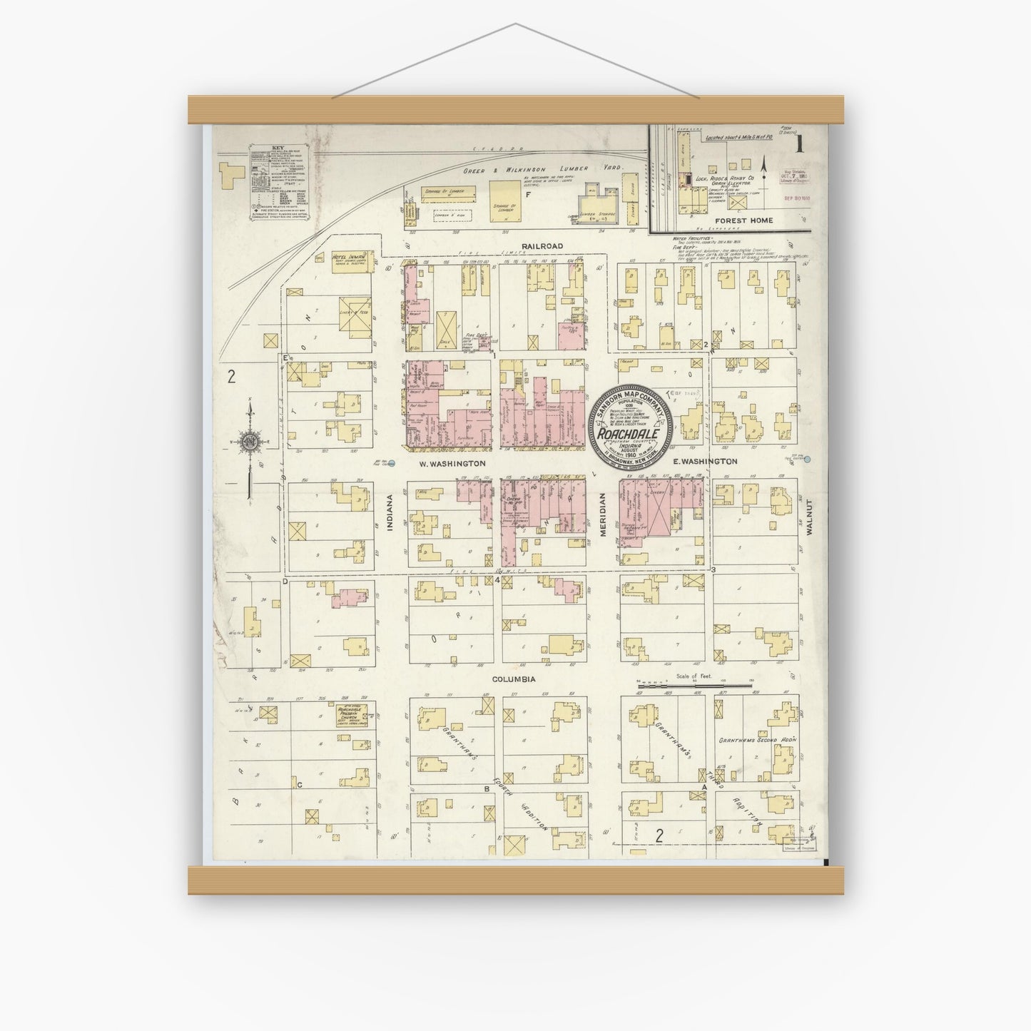 Old map wall art mockup — magnetic wood frame on white wall — Sanborn Fire Insurance Map from Roachdale, Putnam County, Indiana (1910) - Complete Map Set