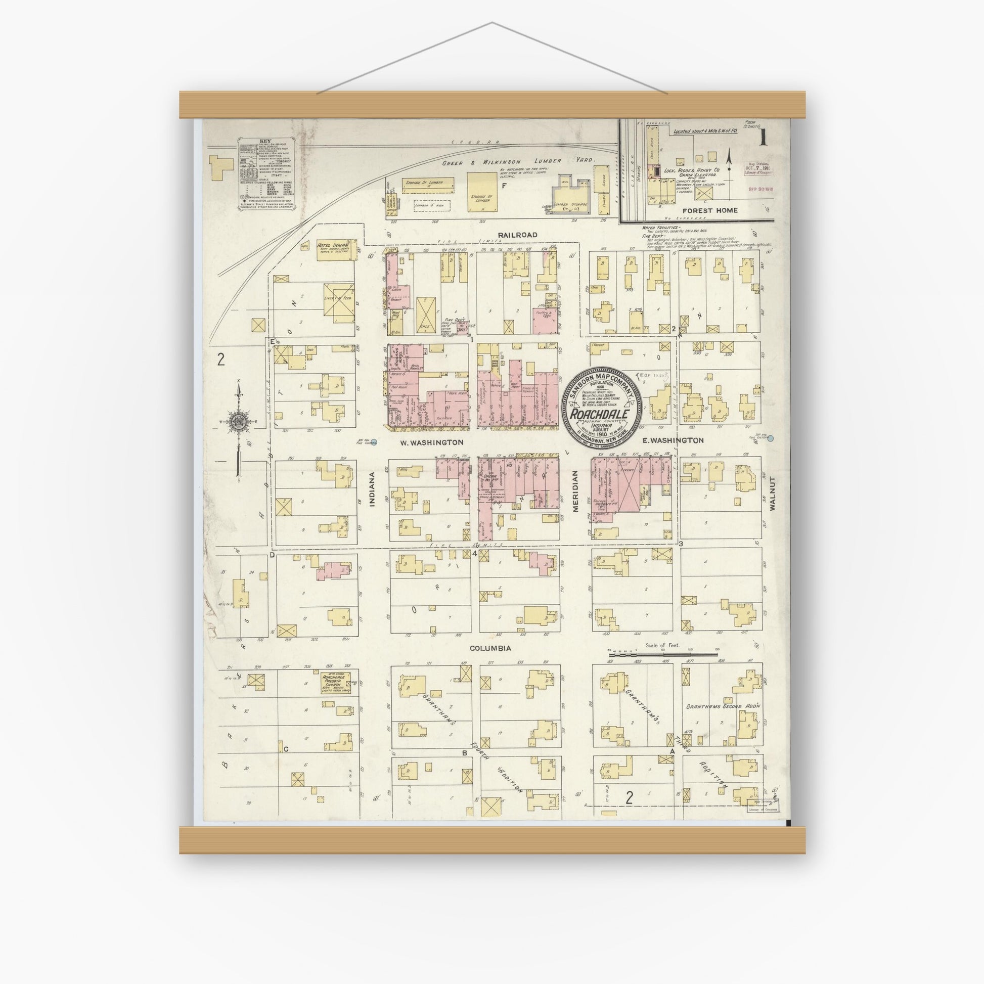 Old map wall art mockup — magnetic wood frame on white wall — Sanborn Fire Insurance Map from Roachdale, Putnam County, Indiana (1910) - Complete Map Set