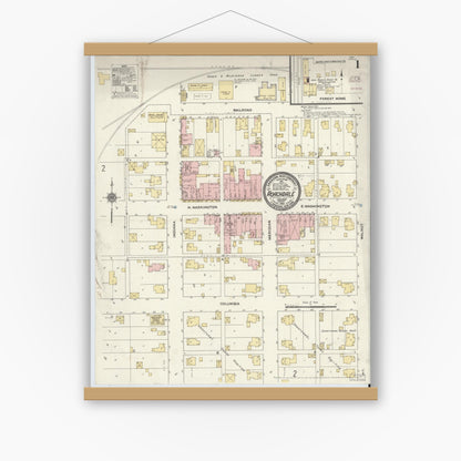 Old map wall art mockup — magnetic wood frame on white wall — Sanborn Fire Insurance Map from Roachdale, Putnam County, Indiana (1910) - Complete Map Set