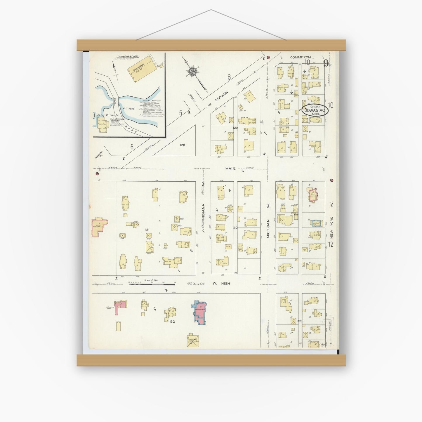 Old map wall art mockup — magnetic wood frame on white wall — Sanborn Fire Insurance Map from Dowagiac, Cass County, Michigan (1913), Sheet #0009