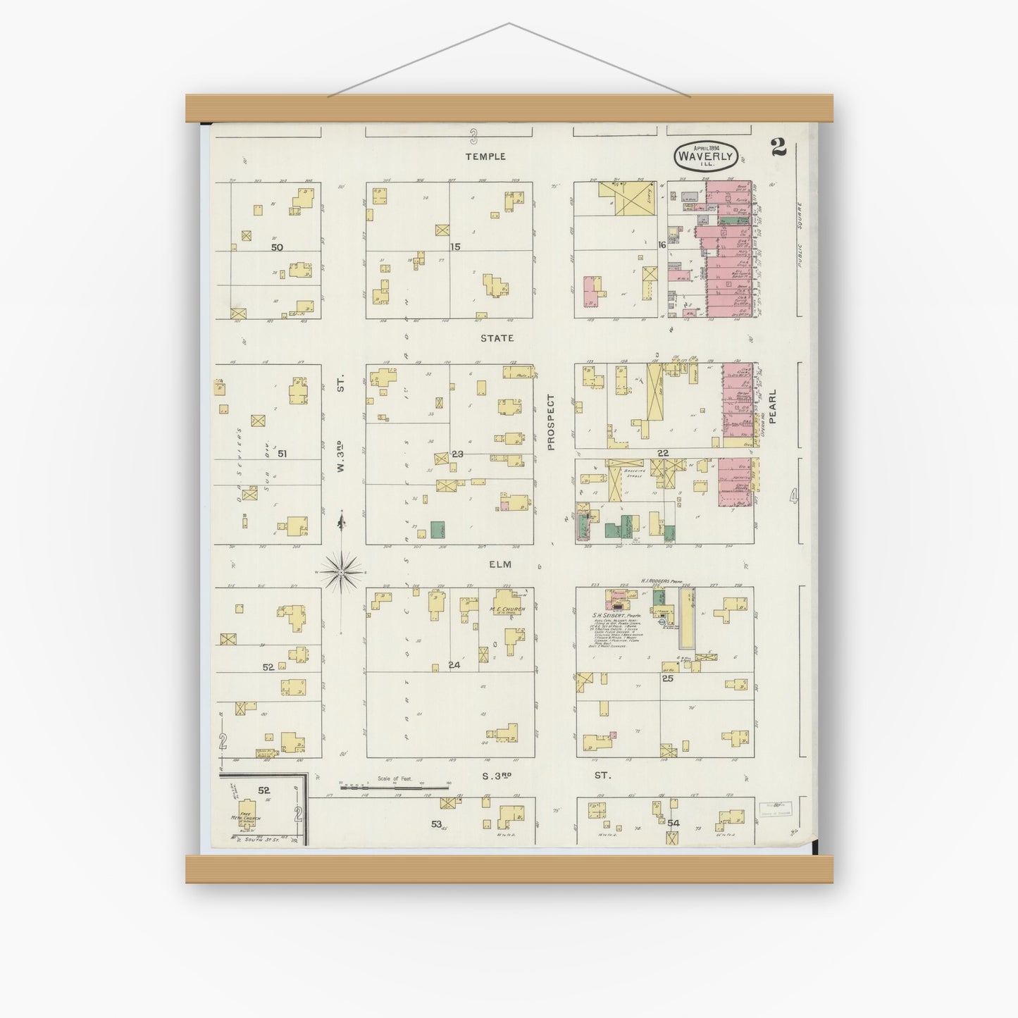 Old map wall art mockup — magnetic wood frame on white wall — Sanborn Fire Insurance Map from Waverly, Morgan County, Illinois (1894), Sheet #0002