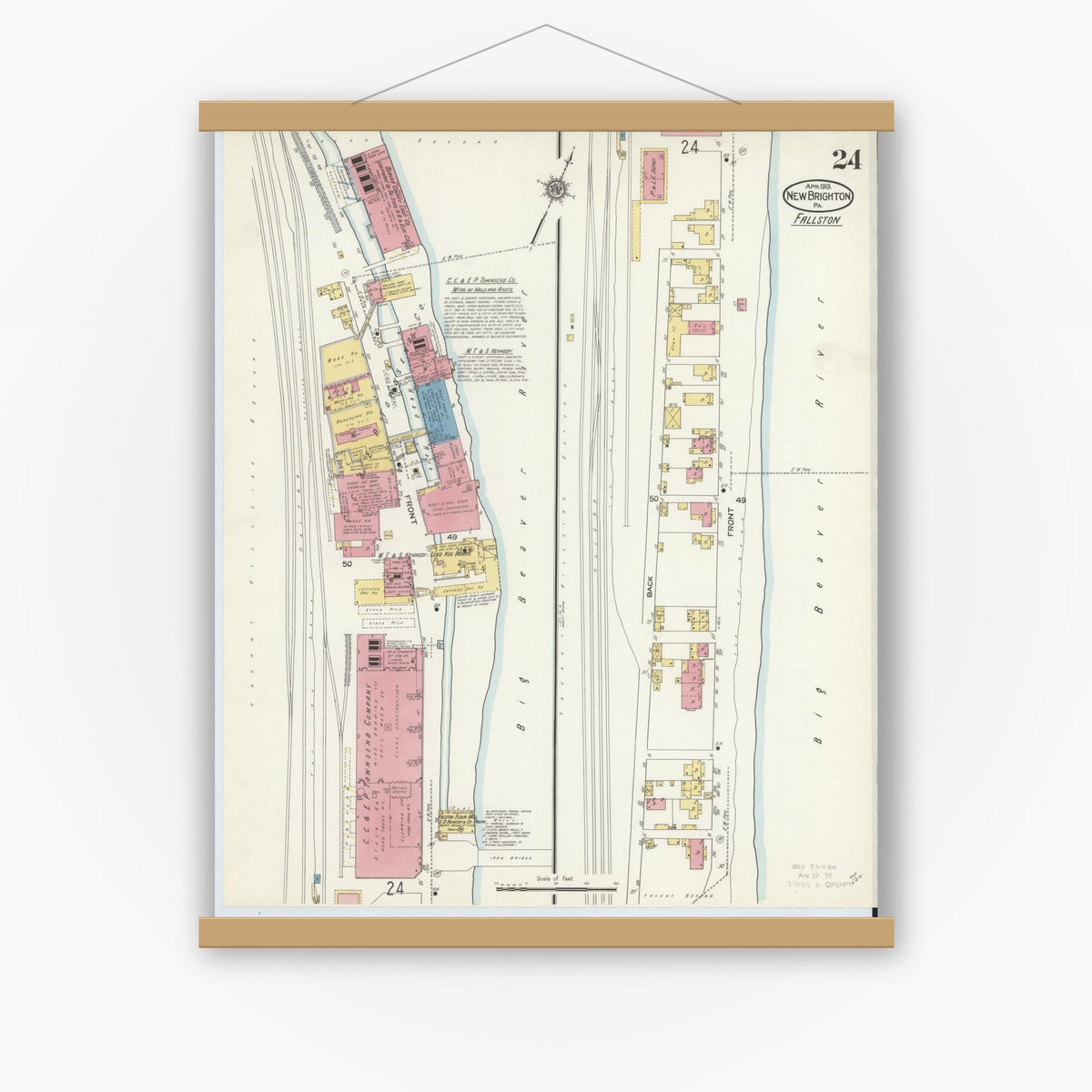 Old map wall art mockup — magnetic wood frame on white wall — Sanborn Fire Insurance Map from New Brighton, Beaver County, Pennsylvania (1913), Sheet #0024